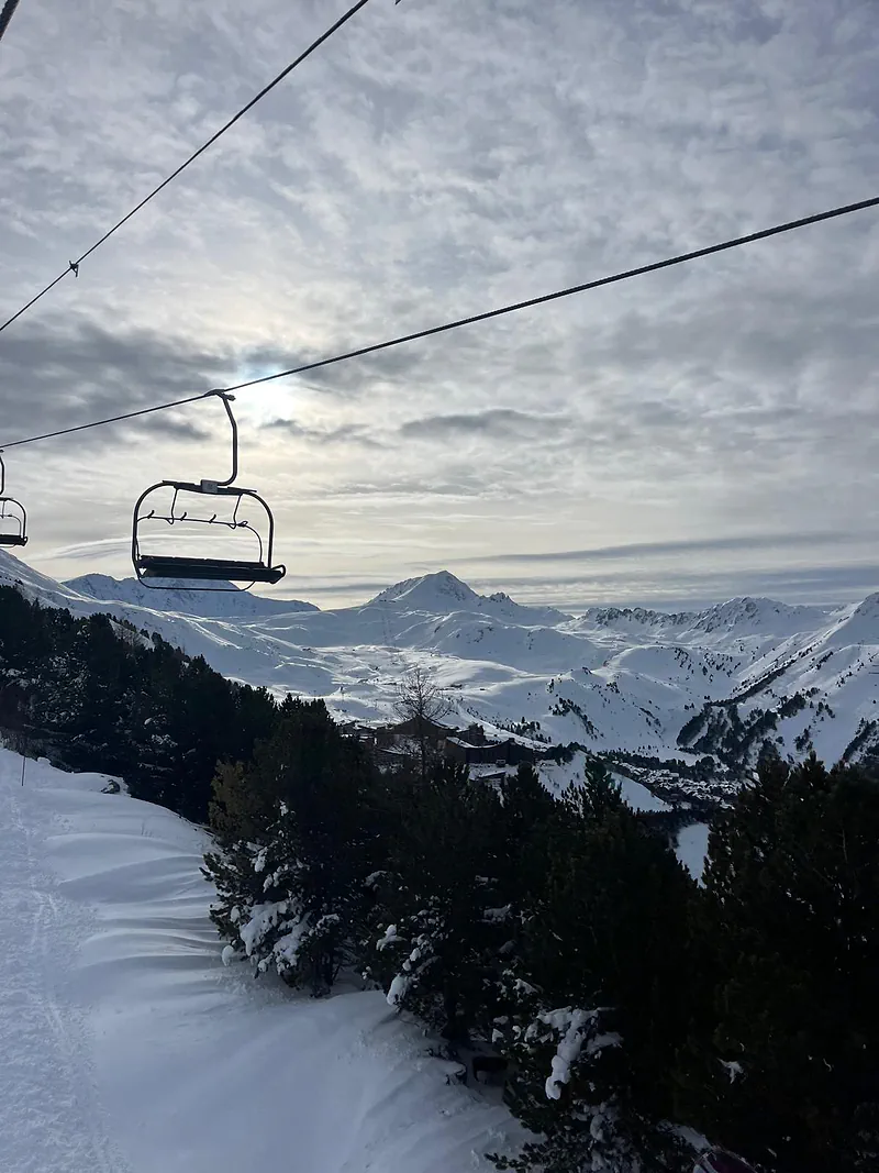 Chairlift above the forest, peaks behind