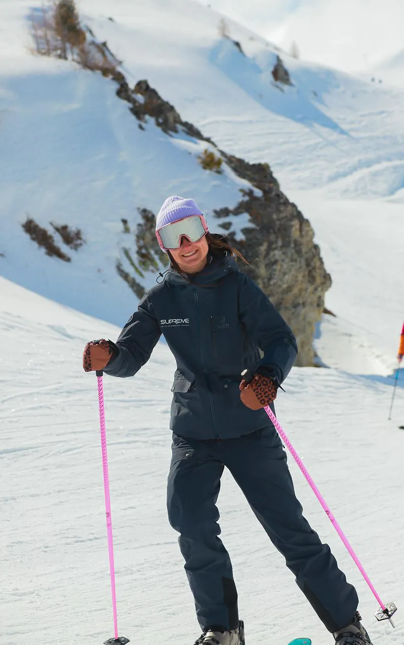 Valentina on the piste with her pink poles