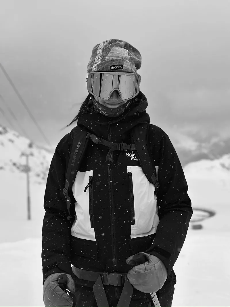 Black and white portrait during a snowfall